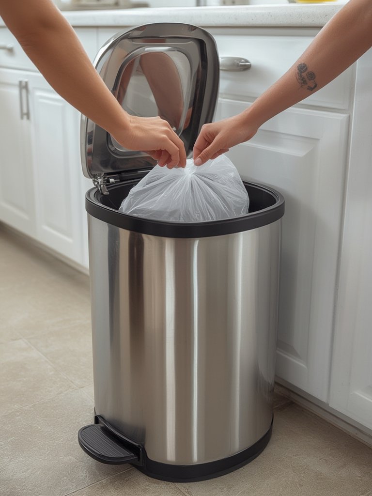 stainless trashcan in action