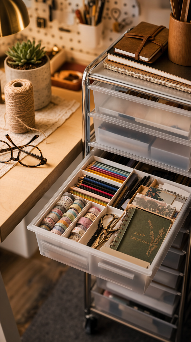 plastic rolling drawer cart organizer in action