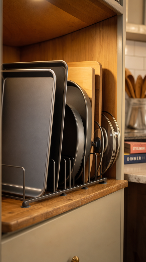 adjustable bakeware rack cabinet organizer in action