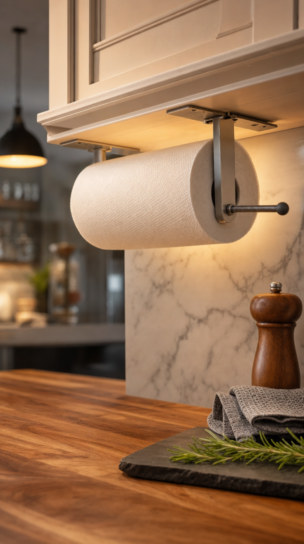 under cabinet paper towel holder in action