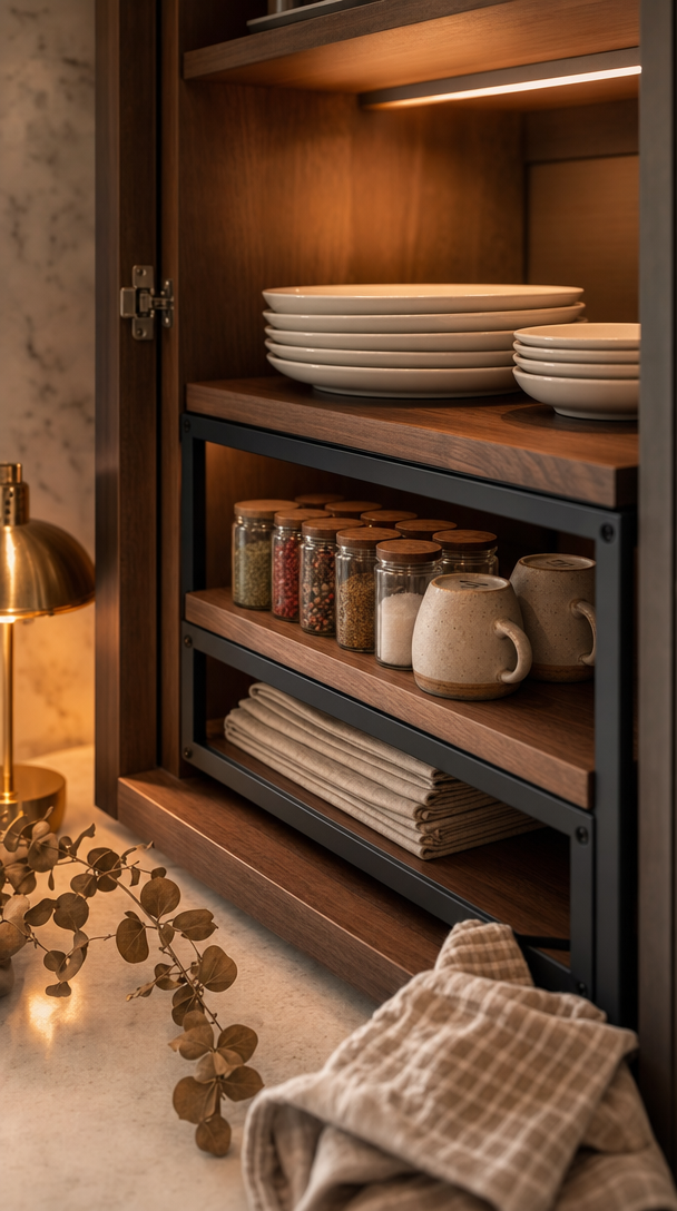 stackable cabinet organizer shelf kitchen in action
