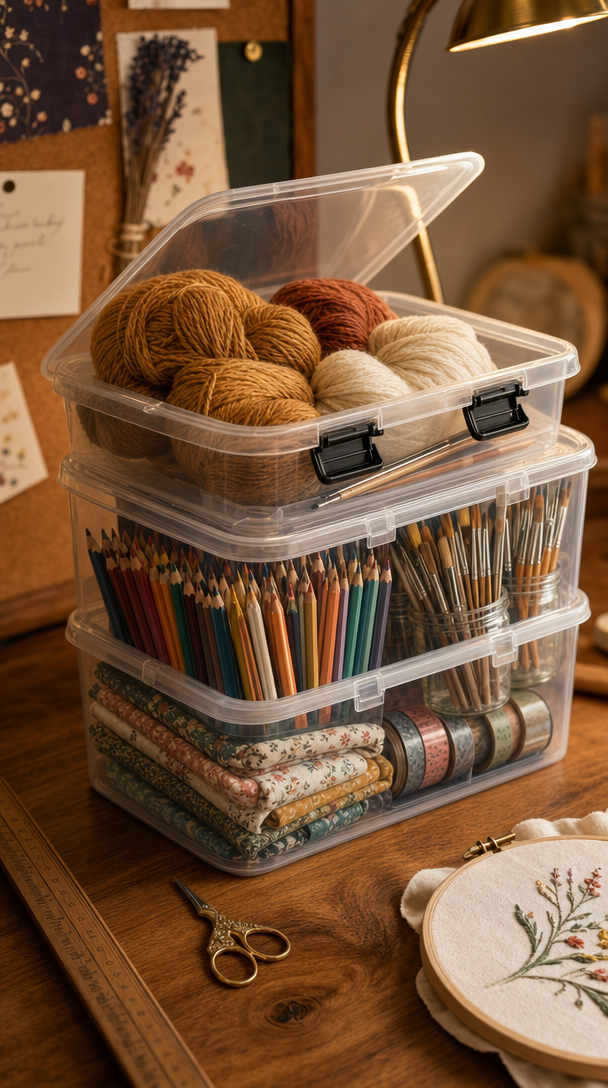 stackable craft storage bins with lids in action
