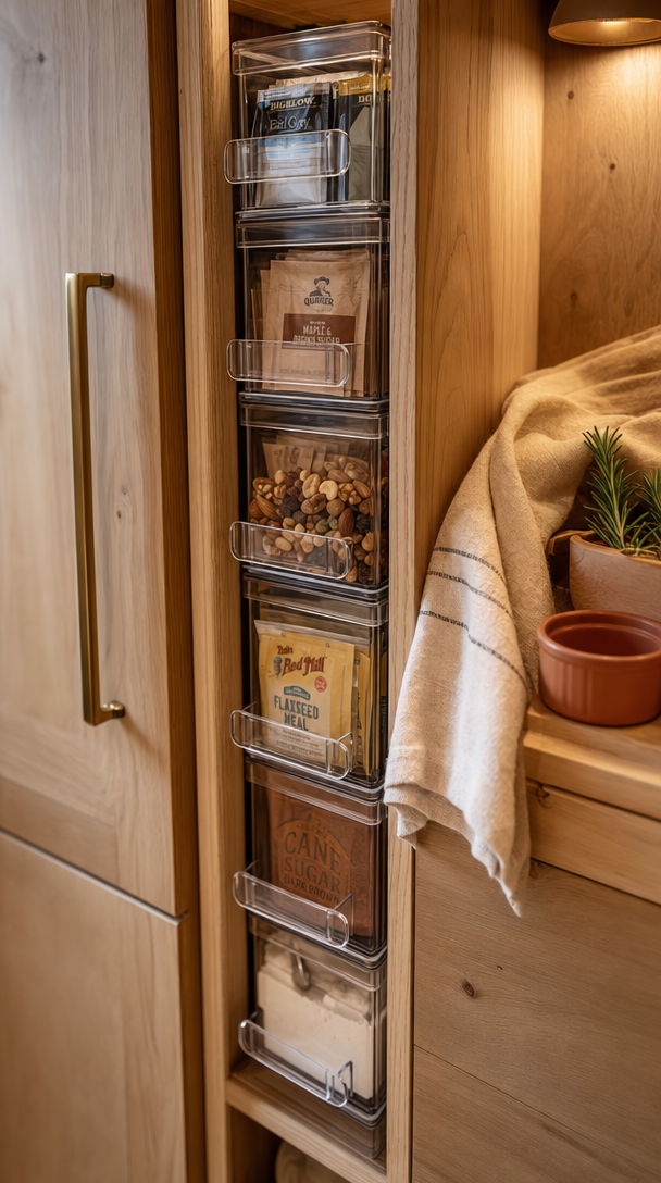 slim clear stackable pantry bins in action