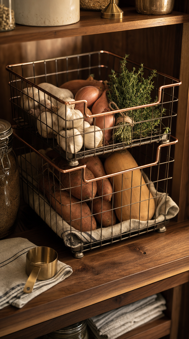 stackable wire baskets pantry organization in action