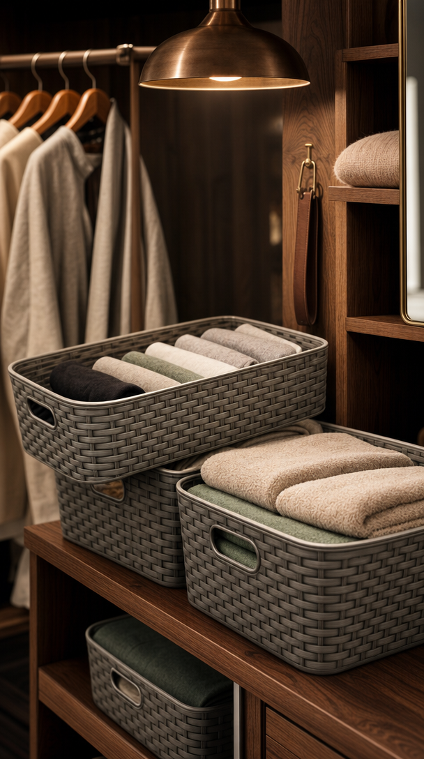 woven plastic storage baskets bedroom in action