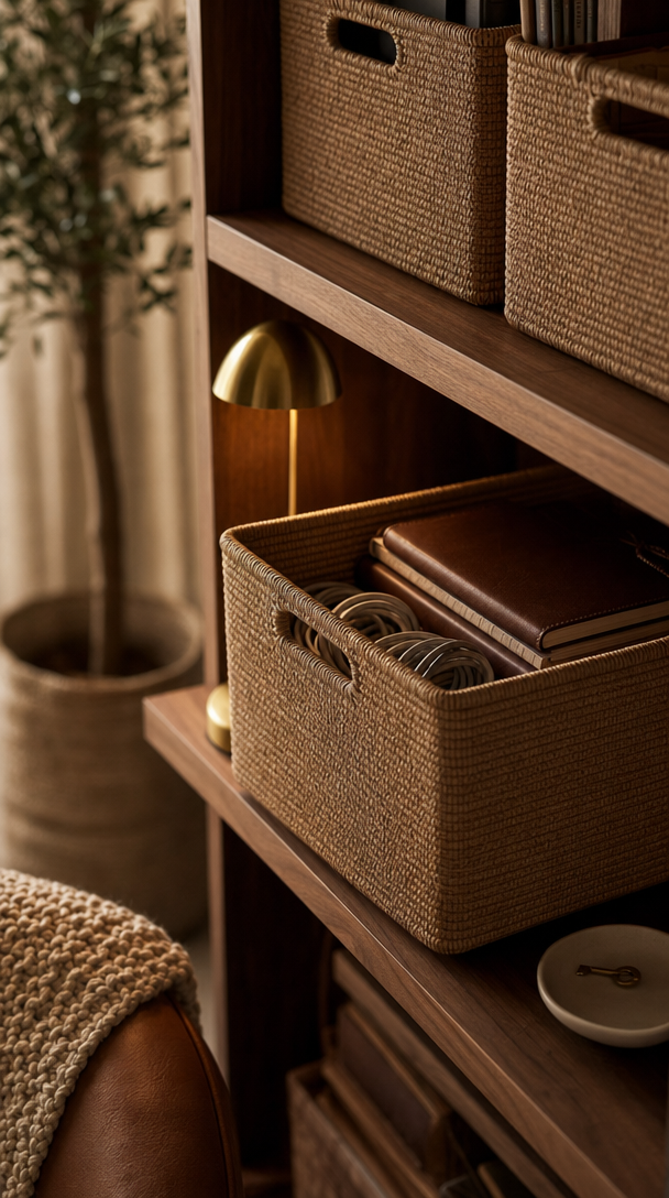 jute woven storage baskets shelves in action