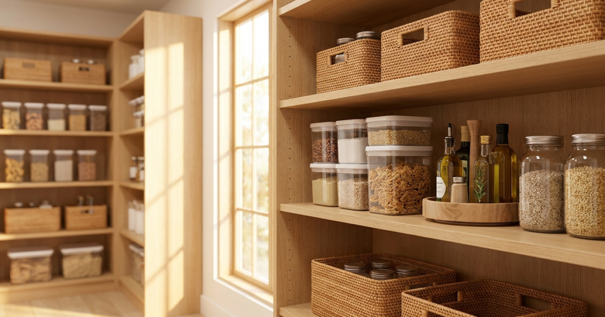 Organized kitchen pantry with clear storage bins and baskets - Prime Day storage deals
