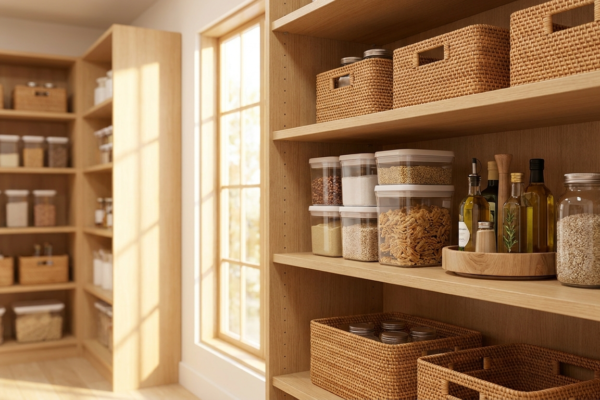 Organized kitchen pantry with clear storage bins and baskets - Prime Day storage deals