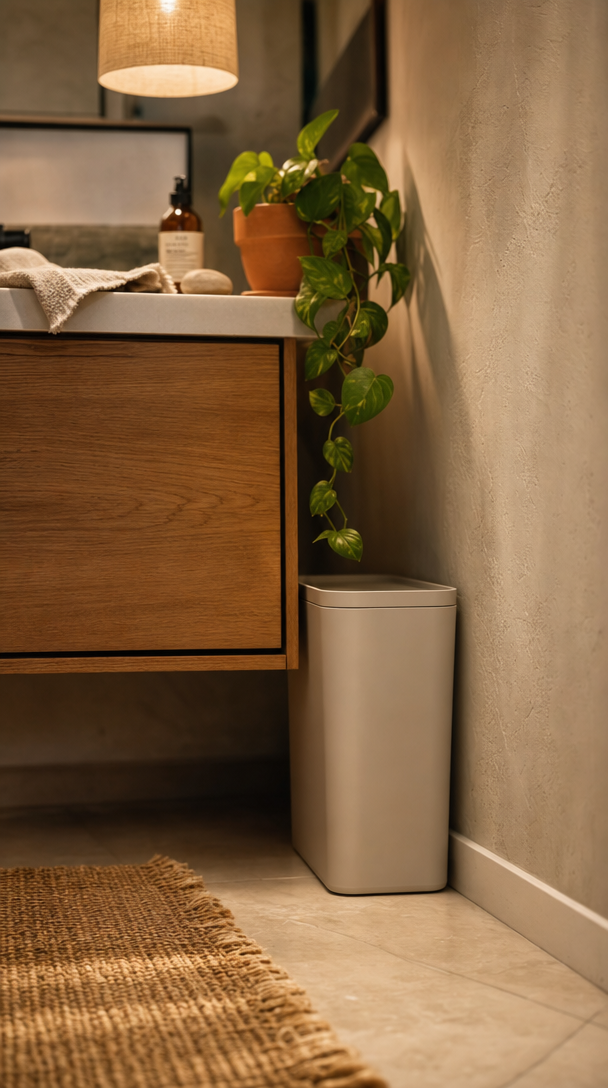 small bathroom trash can in action