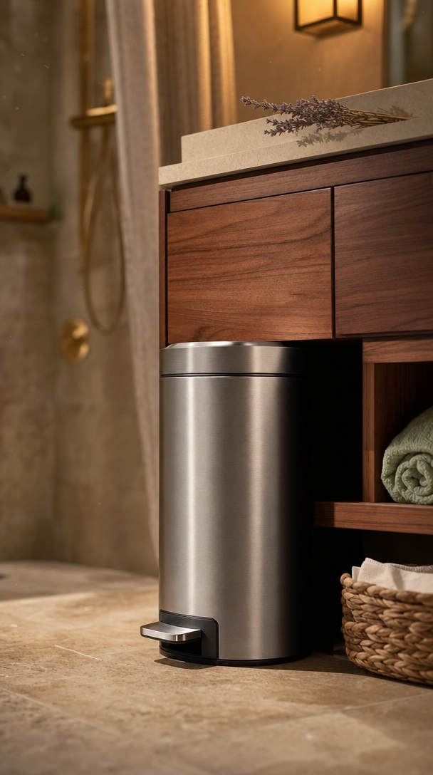 Compact Stainless Steel Bathroom Trash Can: 7 Best Picks 3 compact stainless steel bathroom trash can in action
